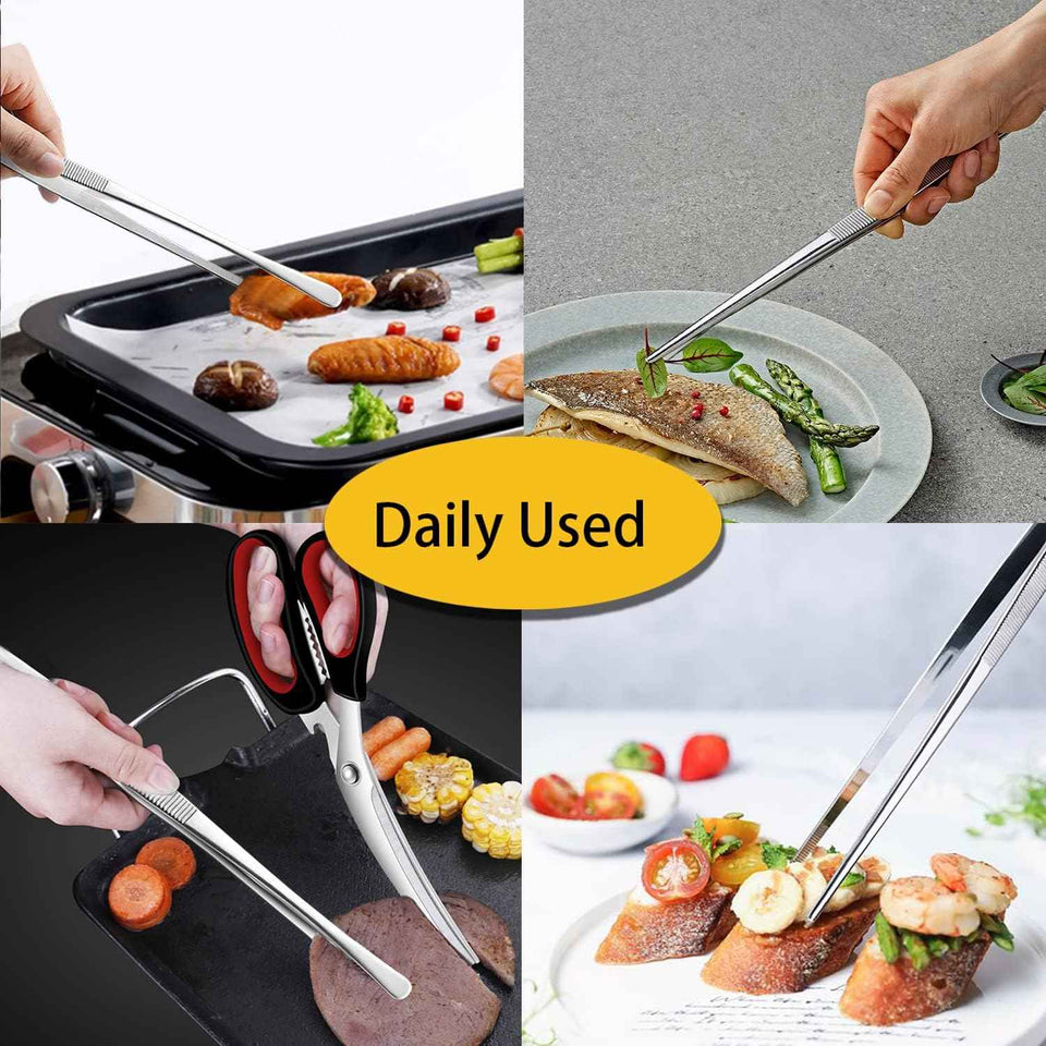 JETKONG 2 Pcs 12-Inch Kitchen Tweezers Fine Tweezer Tongs, Extra-Long Stainless Steel Cooking Tweezers (Silver)