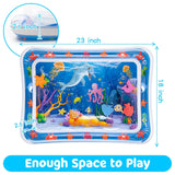 Inflatable water mat with underwater scene and measurements, featuring dolphins and sea creatures.