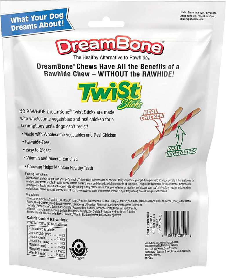 DreamBone twist sticks, made with real chicken, rawhide-free chews for dogs, 50 count, durable and healthy
