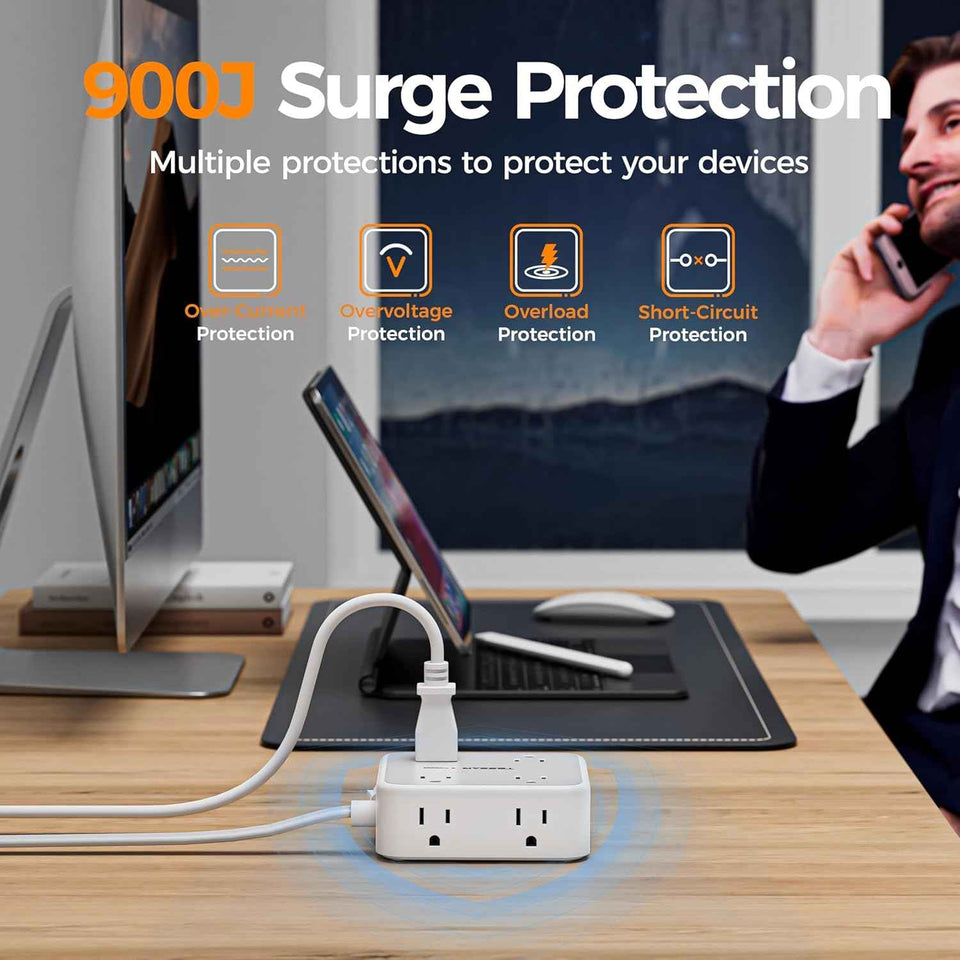 TESSAN 5 Ft flat plug extension cord with 3 USB, 8 outlets, 900J surge protection for office, dorm room essentials