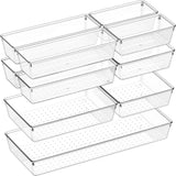 Criusia Drawer Organizer, 10 Pack Large Clear Plastic Set, 3 Size Versatile Bathroom and Vanity Organizer Trays, Storage Bins for Makeup, Bedroom, Kitchen Utensils
