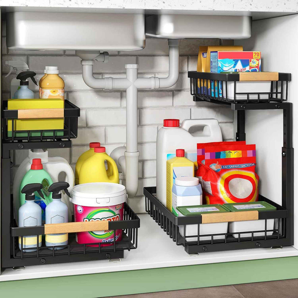 Under Sink Organizer, 2 Packs 2 Tier Under Sink Organizers and Storage, Metal Sliding Drawer for Kitchen Bathroom Pantry Cabinet Closet Organization Rack