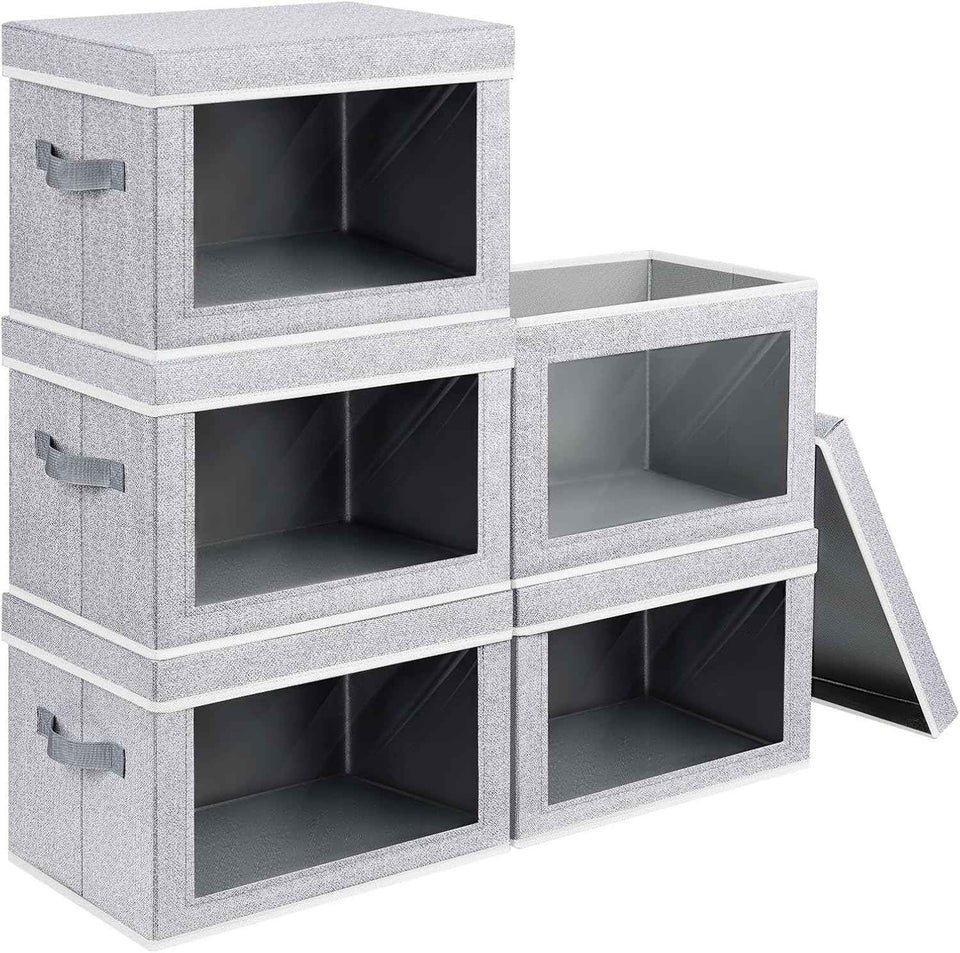 Storage Bins with Lids - Fabric Closet Storage Bins with Window, Collapsible Baskets for Shelves 4 Pack, Home Decorative Boxes for Clothes, Closet, Office, Grey