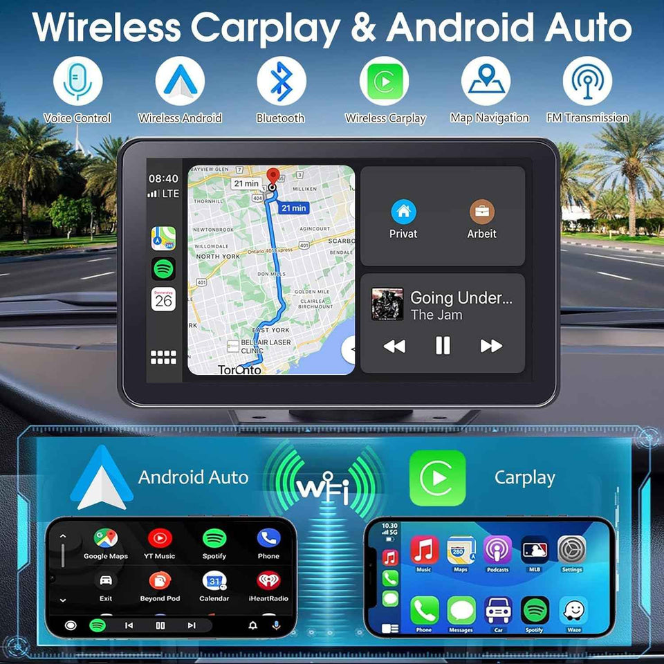 7inch Wireless Portable CarPlay and Android Auto Screen for Cars with GPS Navigation
