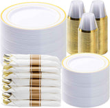 BESTVIP 700PCS Gold Plastic Dinnerware Set for 100 Guests, Disposable Plates for Party, Include: 200 Plastic Plates, 100 Pre Rolled Napkins with Gold Silverware, 100 Cups for Christmas, Halloween