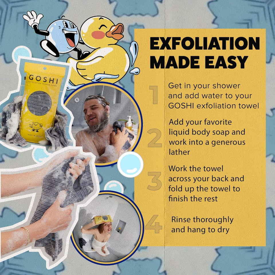 GOSHI exfoliating shower towel - rip-resistant exfoliating washcloth for all skin types - made in japan - soft and gentle