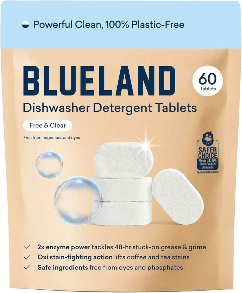 Blueland 100% Plastic-Free Dishwasher Detergent Tablets, 60 Count, Free & Clear, Eco-Friendly Dishwashing Pods, Natural, USDA Certified Biobased