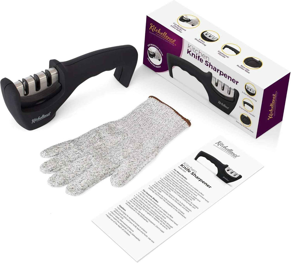 4-in-1 Kitchen Knife Sharpener and Cut-Resistant Glove Set by Kitchellence for Safe and Healthy Cooking