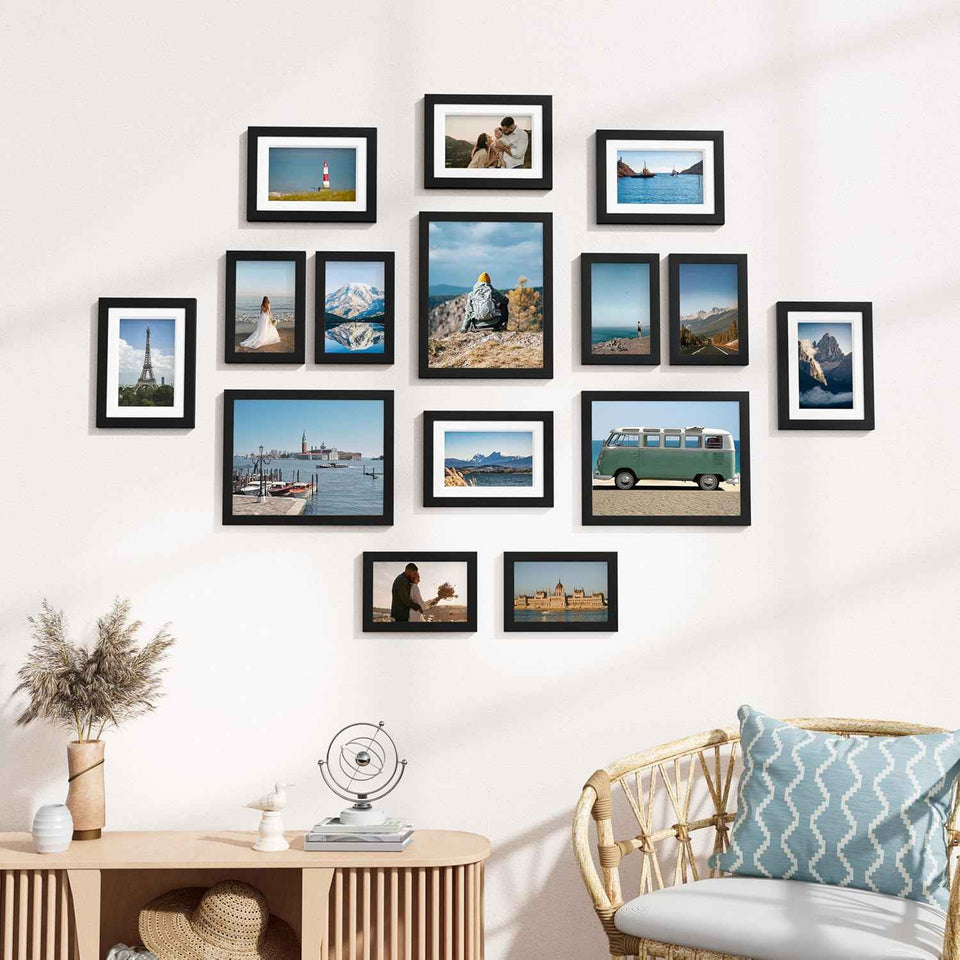 Vittanly 15 Pack Picture Frames Collage Wall Decor for Mounting or Tabletop Display, Gallery Frame Set for Family, Multi Sizes Including 3pcs 8x10, 6pcs 5x7, 6pcs 4x6, Black