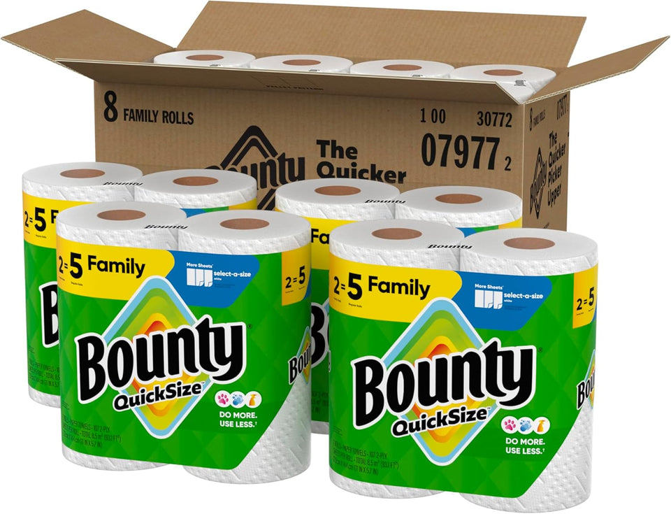 Bounty Quick Size Paper Towels, White, 8 Family Rolls = 20 Regular Rolls - Rayz Mart