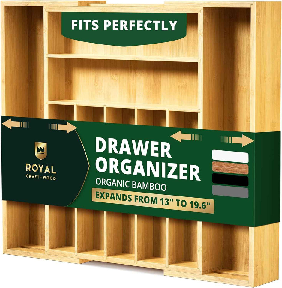 Royal Craft Wood Luxury Bamboo 9 Slot Silverware Organizer for Kitchen Utensil Holder & Cutlery Tray
