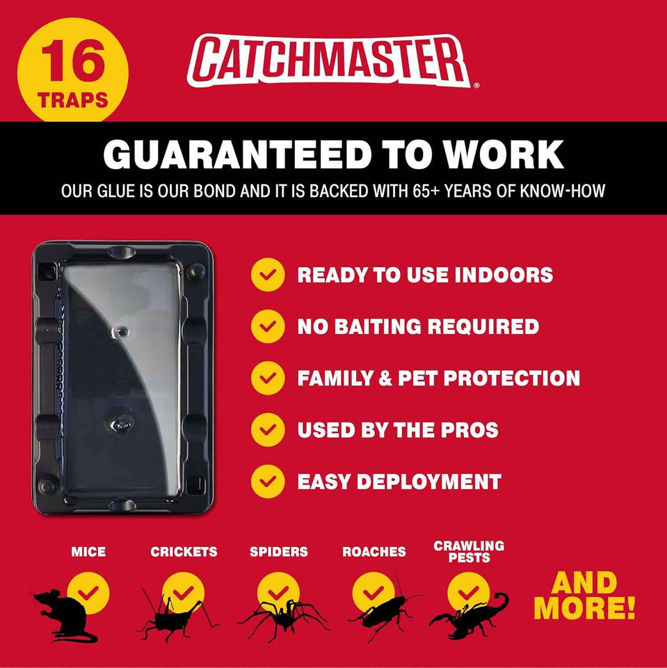 catchmaster 16pk mouse & insect glue traps, adhesive rodent & bug catcher for indoor pest control