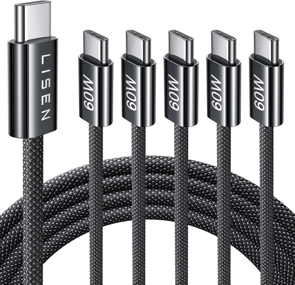 Lisen 5-pack usb c to c cable, 60w fast charging, 10ft for iphone 17, ipad, galaxy s25/s24