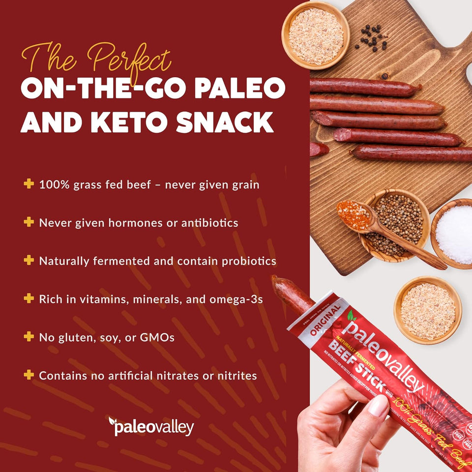 paleovalley 100% grass fed original beef sticks - delicious gluten free snack - keto friendly paleo protein