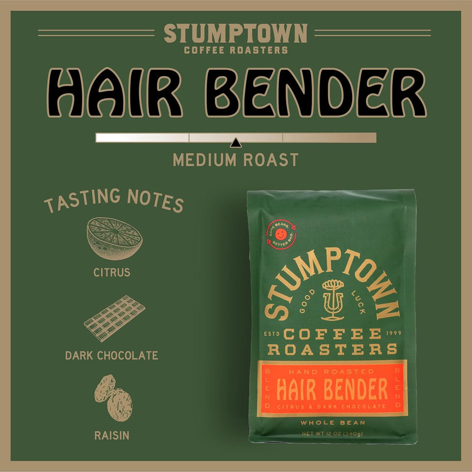 Stumptown Coffee Roasters medium roast whole bean coffee, 100% Arabica, 12 oz, Hair Bender flavor notes citrus dark chocolate