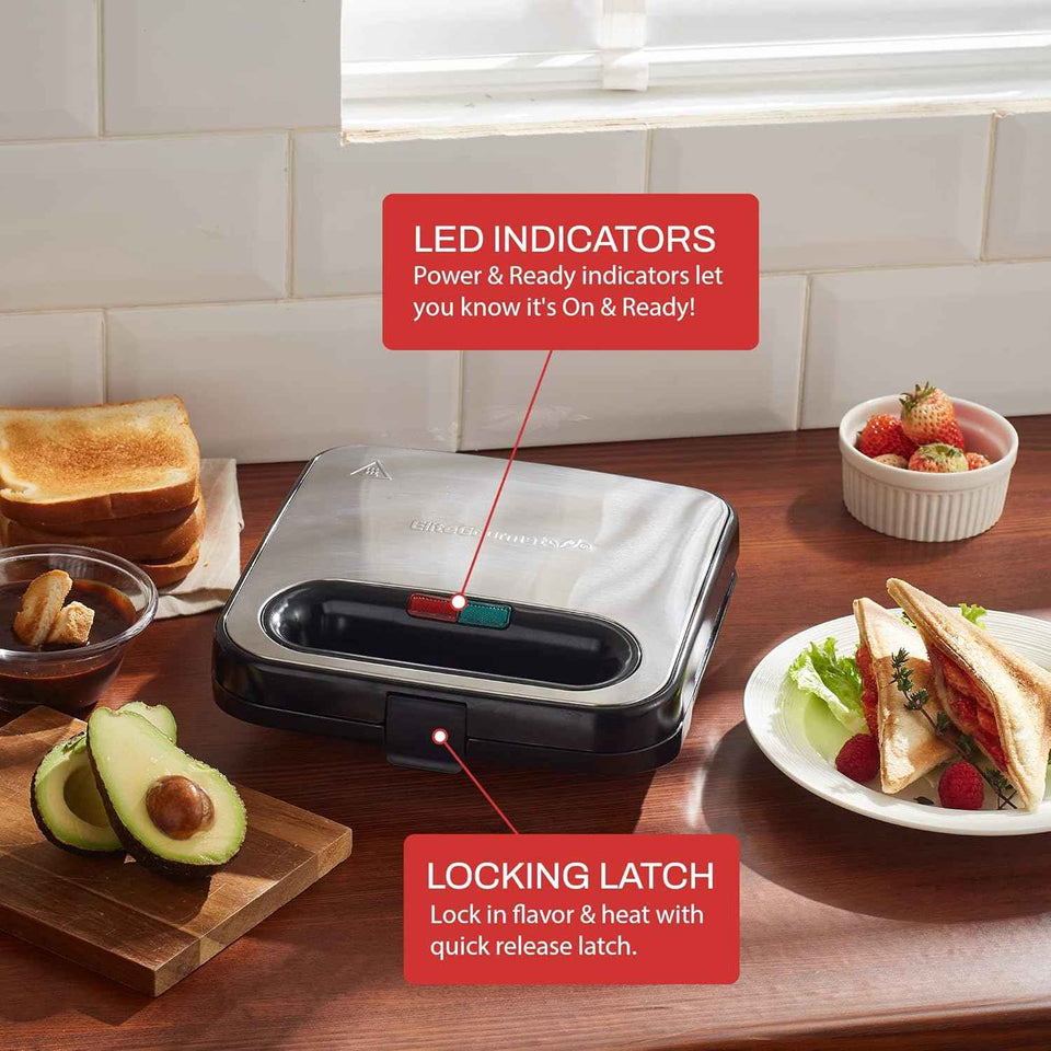Elite Gourmet ESM2207XSS Sandwich & Panini Maker - 2-Slice Nonstick Grill for Grilled Cheese, Omelets & Tuna Melts, 750W Stainless Steel