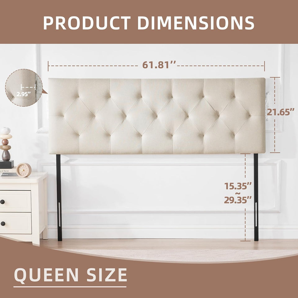 Linen Fabric Upholstered Headboard Queen Size, Modern Diamond Tufting Solid Wood Queen Headboard Only, Adjustable Height from 37” to 51” Head Board, Bed Frame or Wall Mount Headboards, Beige