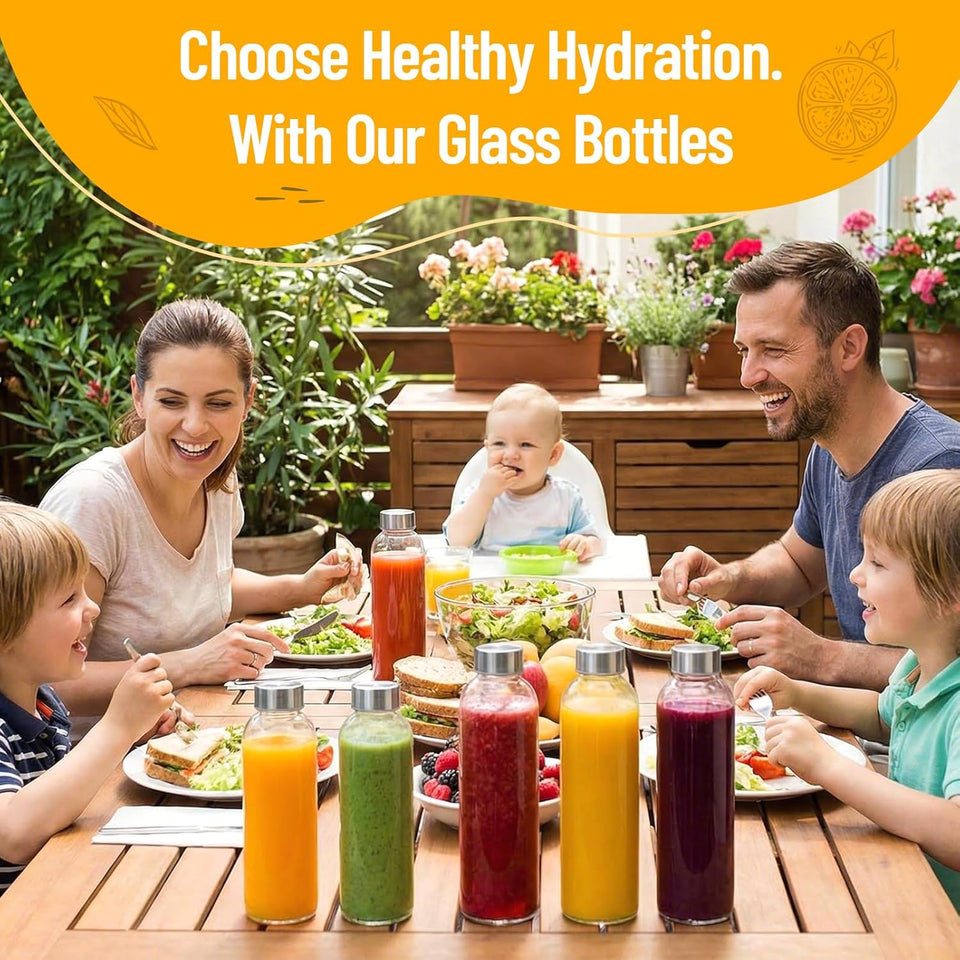 Clear Glass Bottles with Lids 18 oz, Reusable Glass Water Bottles with Stainless Steel Cap for Refrigerator, Juicing, 100% Leak Proof, BPA Free, Juice Bottle Drinking Jar Containers Set of 6