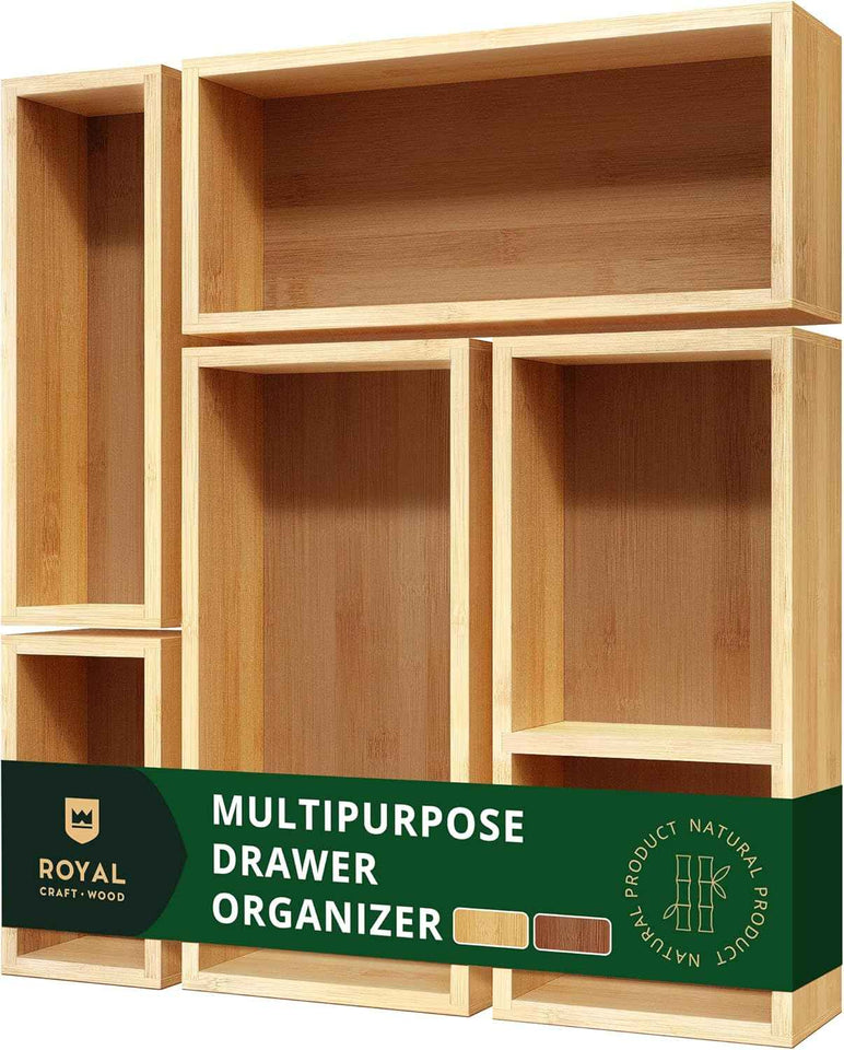 ROYAL CRAFT WOOD 5-Piece Bamboo Drawer Organizer Set, Multi-Use Storage Trays for Kitchen, Bathroom, Office, Makeup, Jewelry & More, 5 Storage Boxes