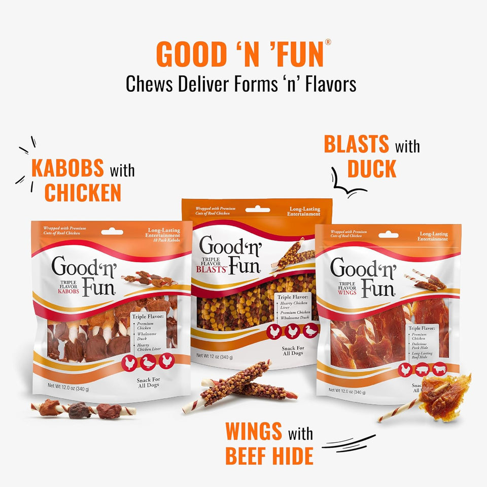 Good ‘n’ Fun Triple Flavor Kabobs Chews for All Dogs, 24 Ounces, Treat Your Dog to Chews Made from Beef Hide, Real Chicken, Pork Hide, Duck and Chicken Liver
