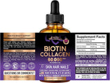 Liquid Biotin & Collagen 60,000 mcg - Vitamins for Hair Growth Support - Extra Strength Drops for Women & Men - Liquid Collagen Supplement - Strong Nails & Healthy Skin - Made in USA - 2 Fl Oz
