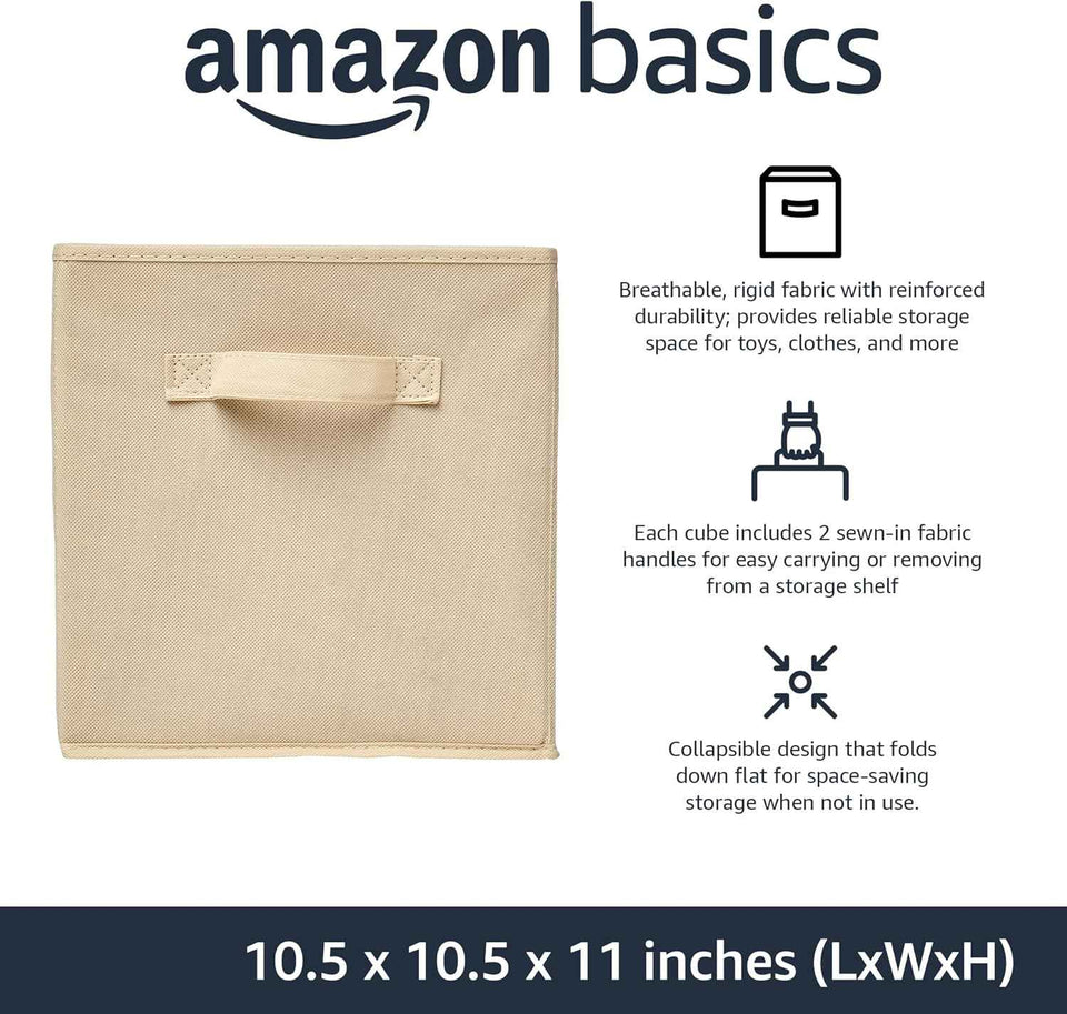 Collapsible Fabric Storage Cubes with Handles, Beige, 10.5 x 10.5 x 11-inch, Pack of 6 for Easy Organization