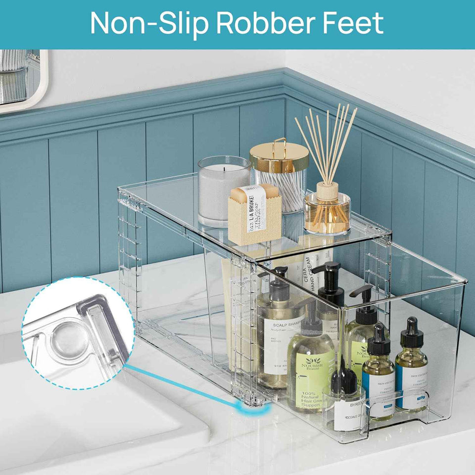 4 Pack Clear Stackable Storage Drawers for Under Sink, Kitchen, and Bathroom Organization