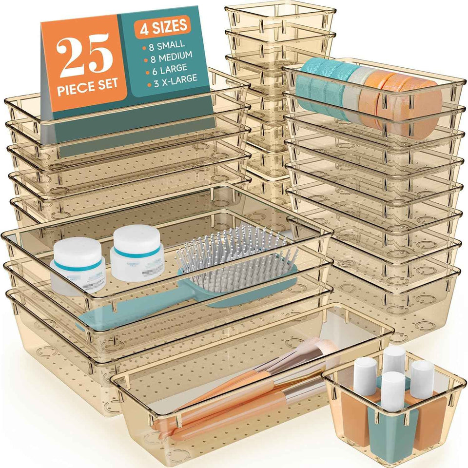 WOWBOX 25 PCS Clear Plastic Drawer Organizer Set, 4 Sizes Desk Drawer Divider Organizers and Storage Bins for Makeup, Jewelry, Gadgets for Kitchen, Bedroom, Bathroom, Office