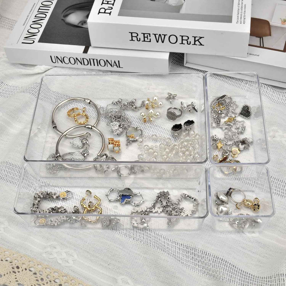 Drawer Organizer Set of 15, 4 Sizes Clear Plastic for Kitchen, Bathroom, Office, Dresser Desk Organizers