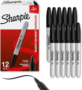 Sharpie Permanent Markers, Fine Tip, Black, 12 Count - For Classroom, Office, & Home, Quick Drying, Fade Resistant, For Wood, Plastic, Paper, Metal, And More, Ideal for Posters, Drawing, Coloring