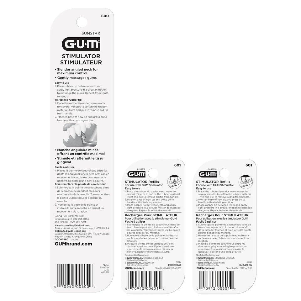 GUM Stimulator Permanent Handle - Long Handled Massager Remove Plaque & Promote Health (Handle + 2 Refill Packs)