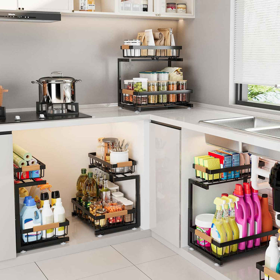 ADBIU Under Sink Organizer, 2 Pack 2 Tier Expandable Height (13.2" - 17.2") Pulling Out Kitchen Bathroom Cabinet Organizers