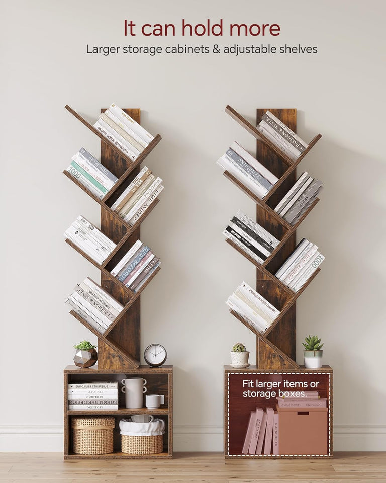 SUNMORY 6 Tier Tree Bookshelf, Small Bookcase with Storage Cabinet, Modern Tall Narrow Bookshelves Organizer, Floor Standing Book Shelf for Bedroom/Living Room/Home Office/Corner, Rustic Brown