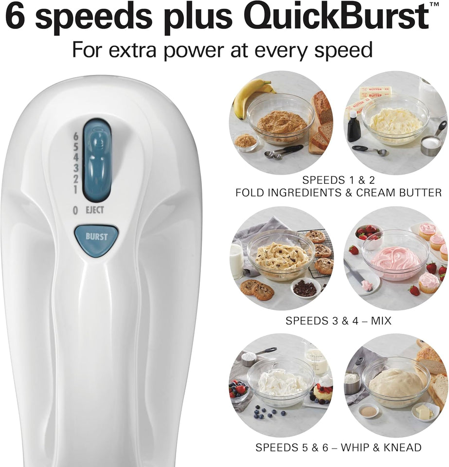 Hamilton Beach 6-Speed Electric Hand Mixer with Whisk, Traditional Beaters, Snap-On Storage Case, 250 Watts, White