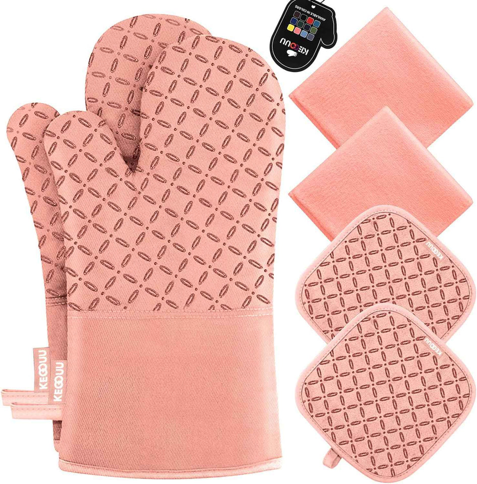 KEGOUU Oven Mitts and Pot Holders 6pcs Set, Kitchen Oven Glove High Heat Resistant 500 Degree Extra Long Oven Mitts and Potholder with Non-Slip Silicone Surface for Cooking (Grey)