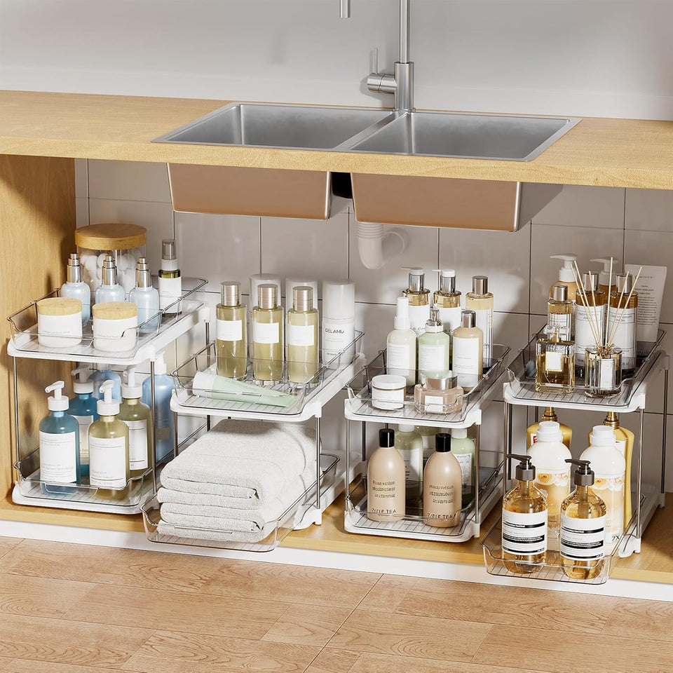 Delamu 2-Tier White Bathroom Under Sink Organizer, Stackable, 2-Pack, Durable, Customizable