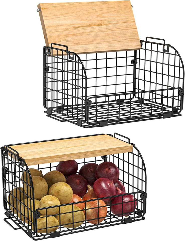2-Set Stackable Wire Baskets with Openable Top - Versatile Kitchen, Pantry, and Countertop Organizer
