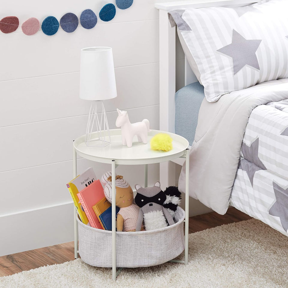 Storage End Table, Side Table with Cloth Basket, White/Heather Gray, 17.7"L x 17.7"W x 18.9"H