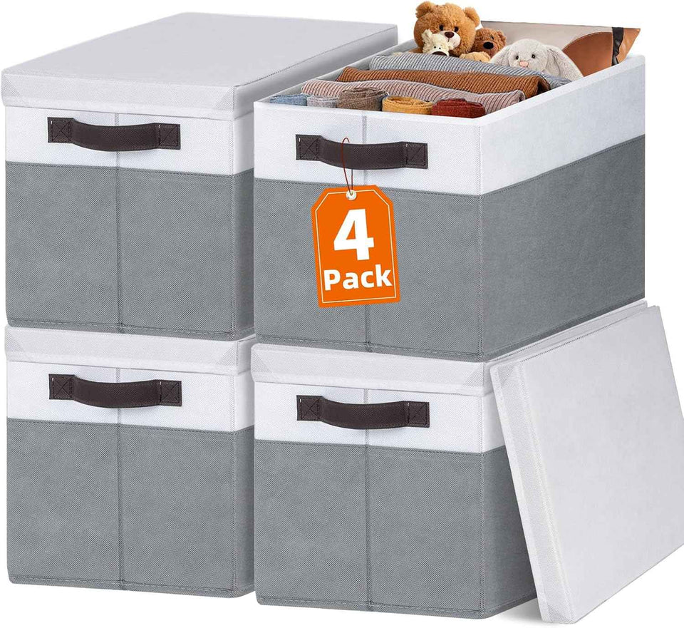 Large Closet Storage Baskets Bins with Lids - 4 Pack, Stackable Cubes for Nursery, Bedroom, Home, Dorm