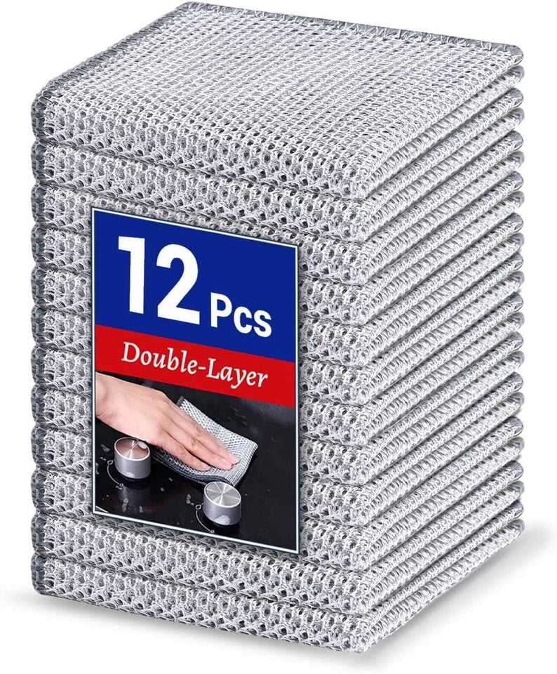 12 PCS 3-Layer Non-Scratch Multipurpose Steel Wire Dishcloths - Reusable Quick-Dry Odor-Free Scrub Cloths for Dishes, Kitchen Cleaning Cloths for Cookware, Sinks, Stove Tops(7.87X7.87)