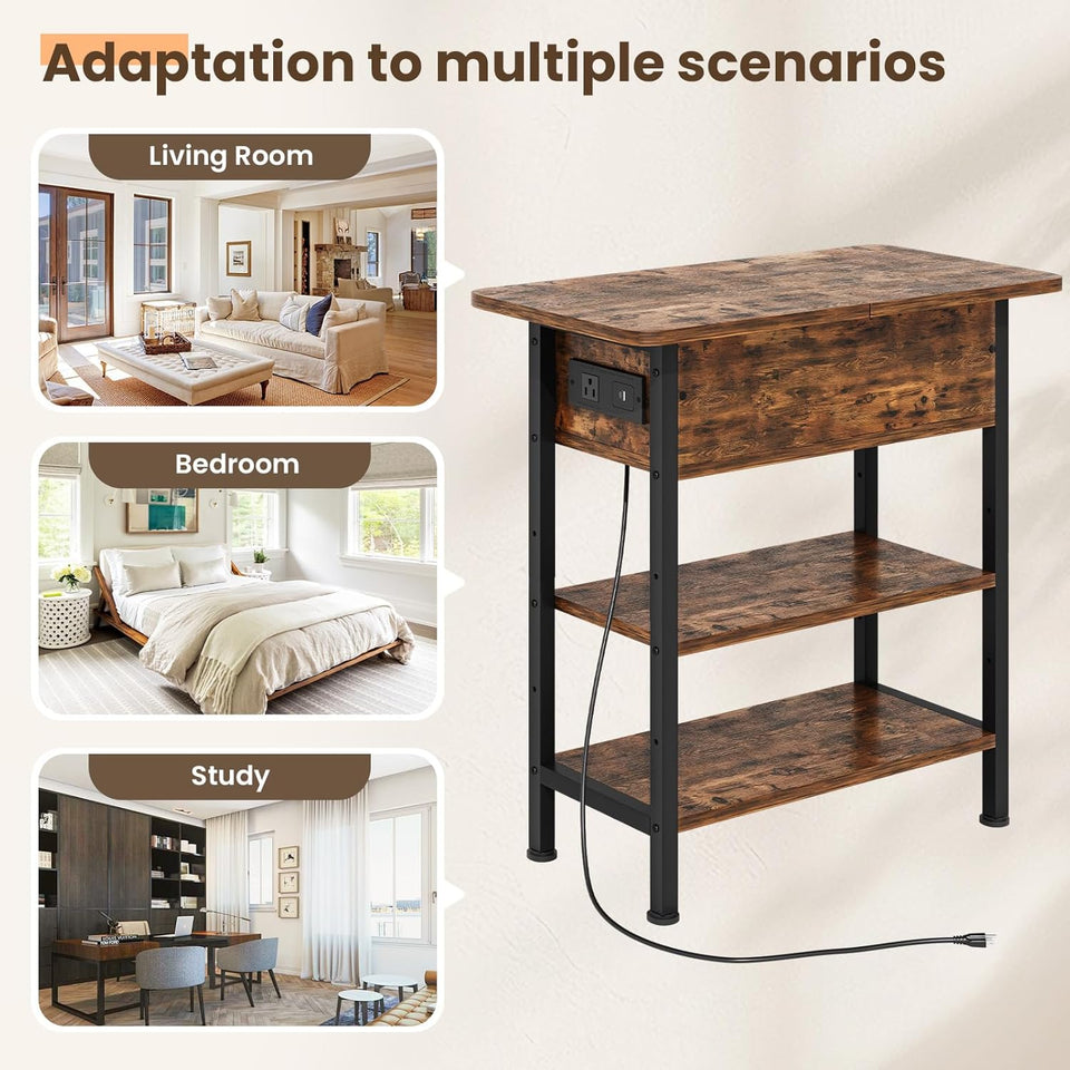 End Table with Charging Station, Flip Top Side Table with USB Ports and Outlets, 3-Tier Small Side Table with Storage for Small Space, End Tables for Living Room/Bedroom, Brown