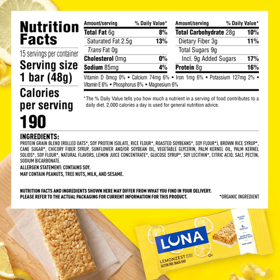 Luna Bar LemonZest Flavor Gluten Free Snack Bars Non GMO 12 Pack Protein Bars Value Pack