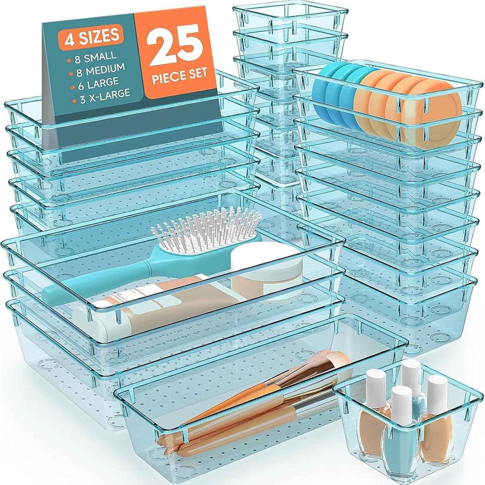 25 PCS Plastic Drawer Organizer Set, 4-Size Versatile Organizer Trays & storage Bins for Makeup, Jewelry, and Gadgets in Bathroom, Bedroom and Office,Clear Black