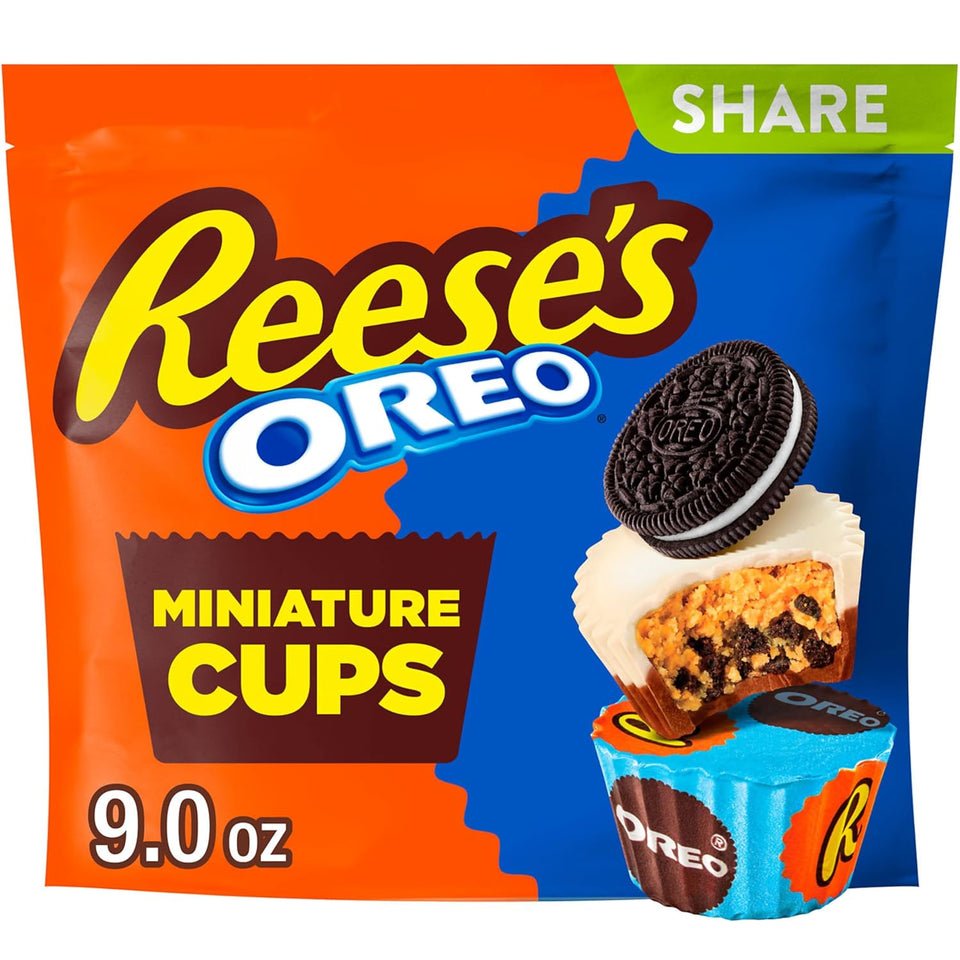 REESE'S OREO Miniatures Milk Chocolate and White Creme Peanut Butter Cups, Candy Share Pack, 9 oz