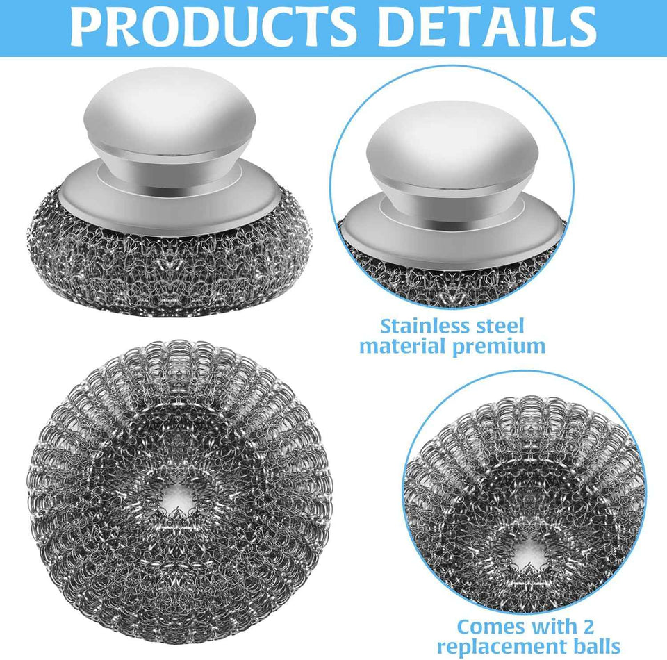 Stainless steel wool scrubber with 2 replacement pads for cleaning metal pans, pots, grills, and more