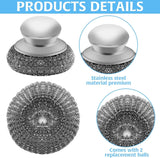 Stainless steel wool scrubber with 2 replacement pads for cleaning metal pans, pots, grills, and more