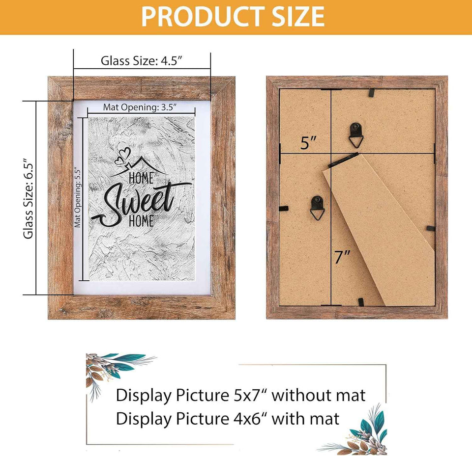 Califortree 5x7 Picture Frame - Can Display Photo 4x6 with Mat, Wood Frame with Shatterproof Plexiglass, Horizontal and Vertical Display for Wall and Tabletop, Rustic Brown