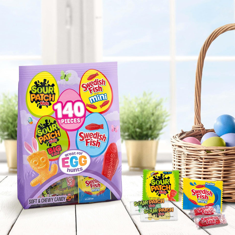 sour patch kids, sour patch kids big kids, swedish fish and swedish fish mini assorted soft & chewy easter candy variety pack, bulk, 140 snack packs