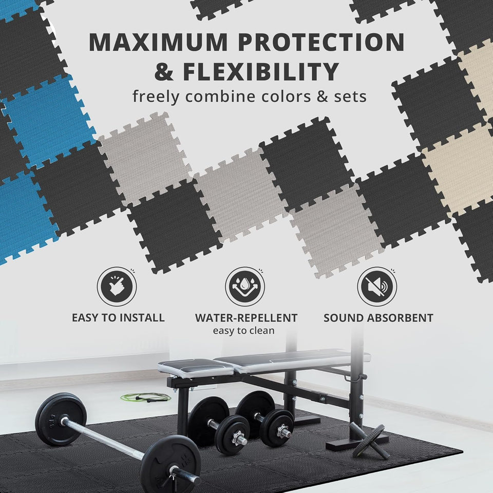 bemaxx Gym Mats Set - 18 pcs EVA Interlocking Foam Floor Tiles (12.6"x12.6"x0.4") 18sqft Protective Gym Flooring Sports Home Workout Exercise Mats Puzzle Garage Fitness Play-Room Garage Pool Treadmill