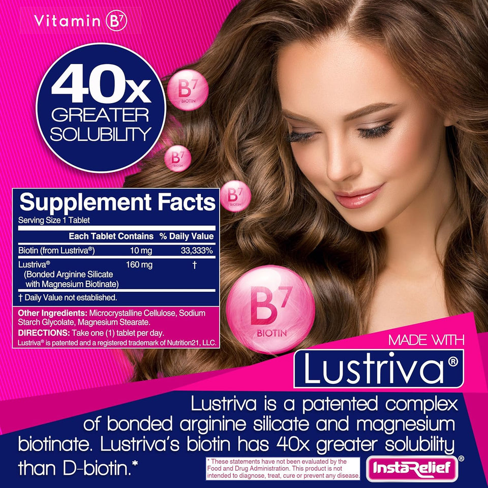 InstaRelief® Hair Growth with Lustriva® - Clinically Shown to Grow Thicker, Healthier Hair in 3 Weeks, Reduce Wrinkles and Fine Lines, with Biotin, Silicon, and Arginine, 60 Tablets